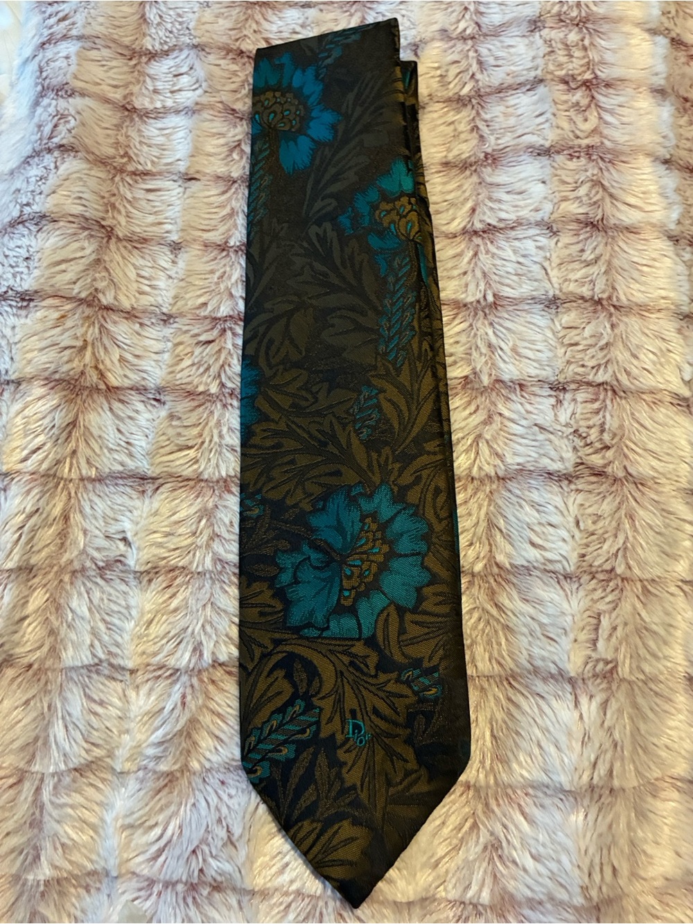 Vintage Dior brown Tie with Teal Floral Motif